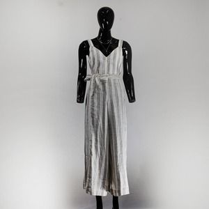 Elegant Linen-Blend Striped Midi Dress with Waist Tie
